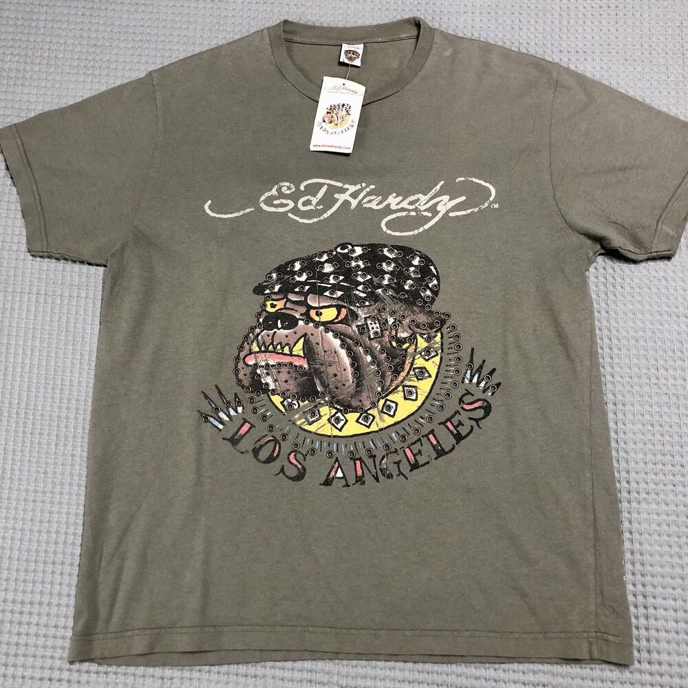 Ed Hardy Shirt Mens L Khaki Bulldog Studded Graphic Tee Y2K Retro Double Sided